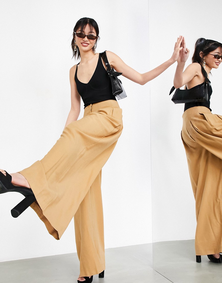 ASOS EDITION pleat front wide leg pants in tobacco-Brown