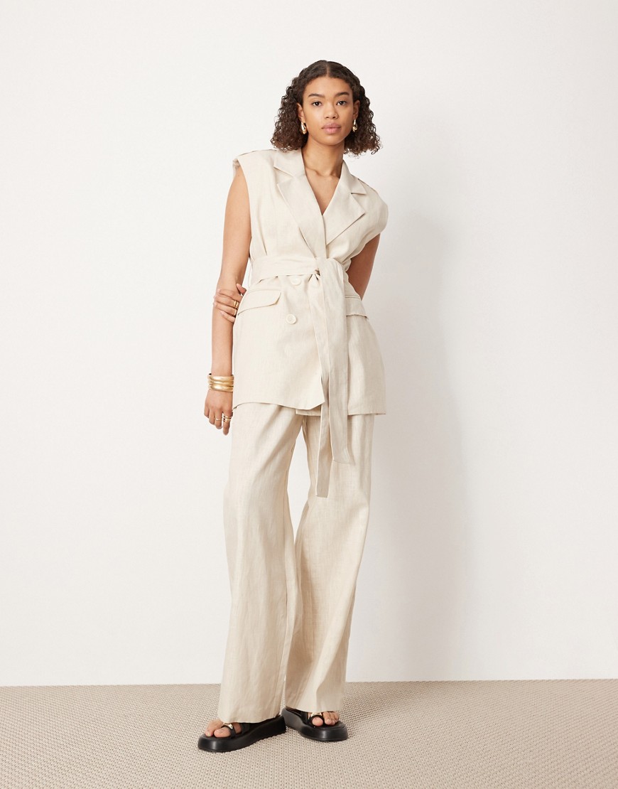 ASOS EDITION pleat front wide leg trouser co-ord in stone-Neutral
