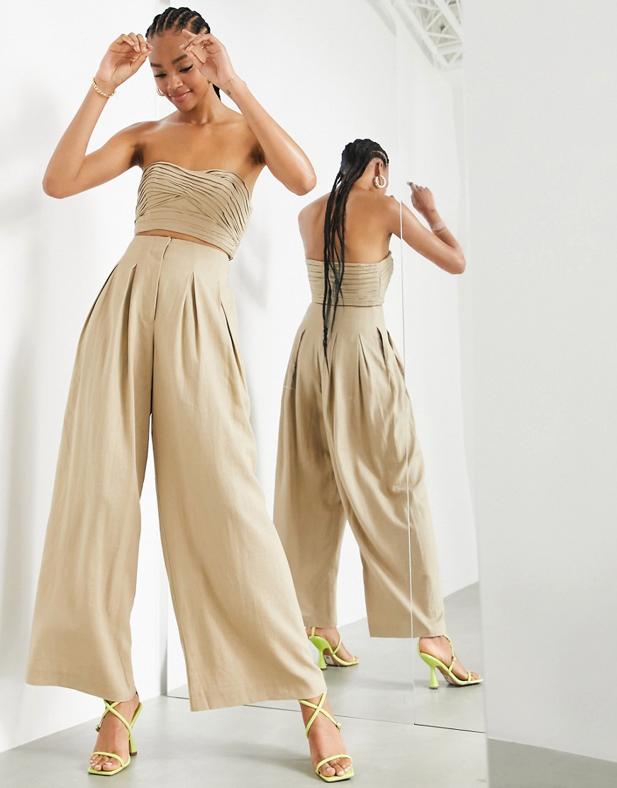 ASOS EDITION pleat front wide leg trouser in taupe-Neutral