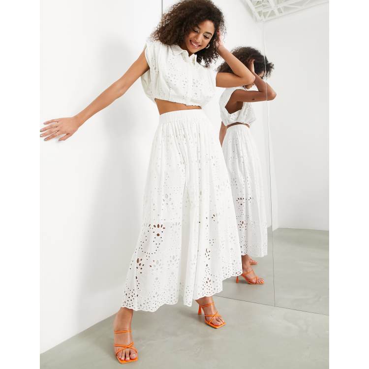 ASOS EDITION pleat waist broderie midi skirt in white ASOS