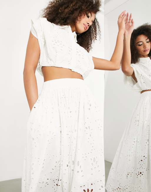 White eyelet shop midi skirt