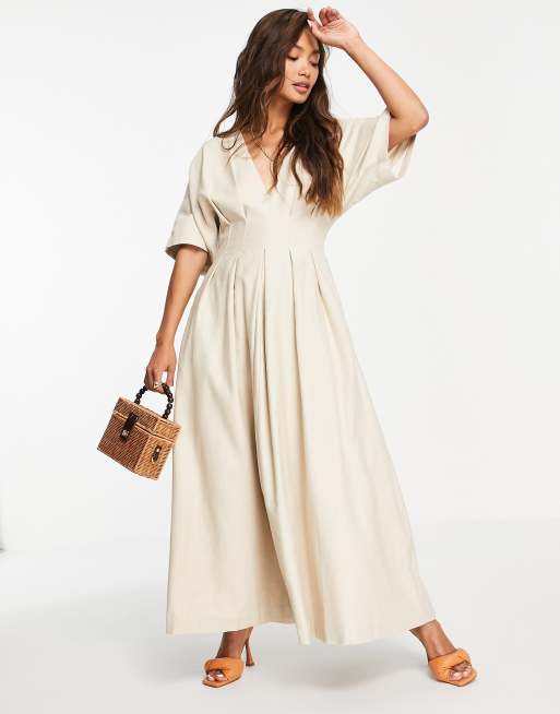 ASOS EDITION pleat waist midi dress in oatmeal, 3 of 4