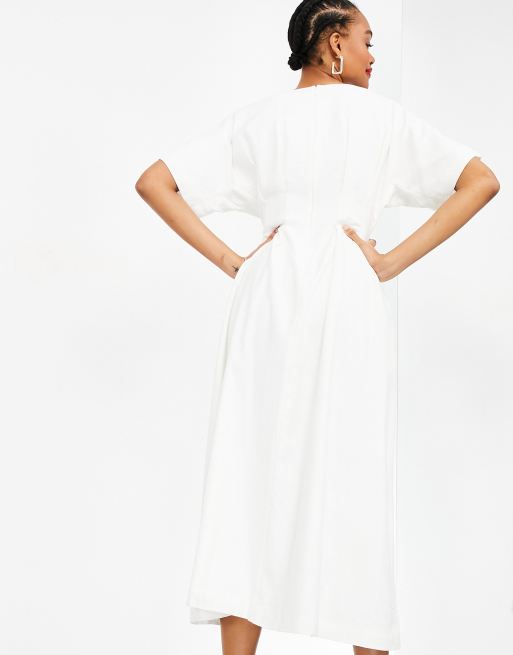asos white midi dress ASOS EDITION v neck eyelet midi dress with puff sleeve in white