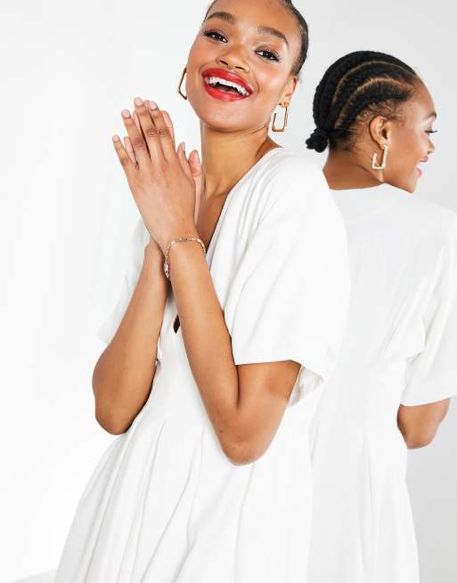 asos white pleated dress New 2 Small ASOS Stretchy Pleated Pencil Dress with Side Slit Ivory White
