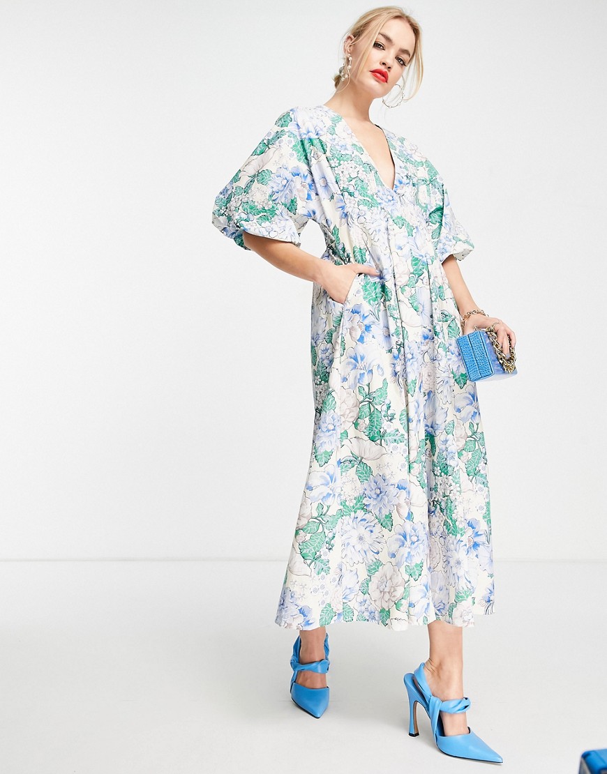 ASOS EDITION pleat waist midi dress with puff sleeve in floral print-Multi