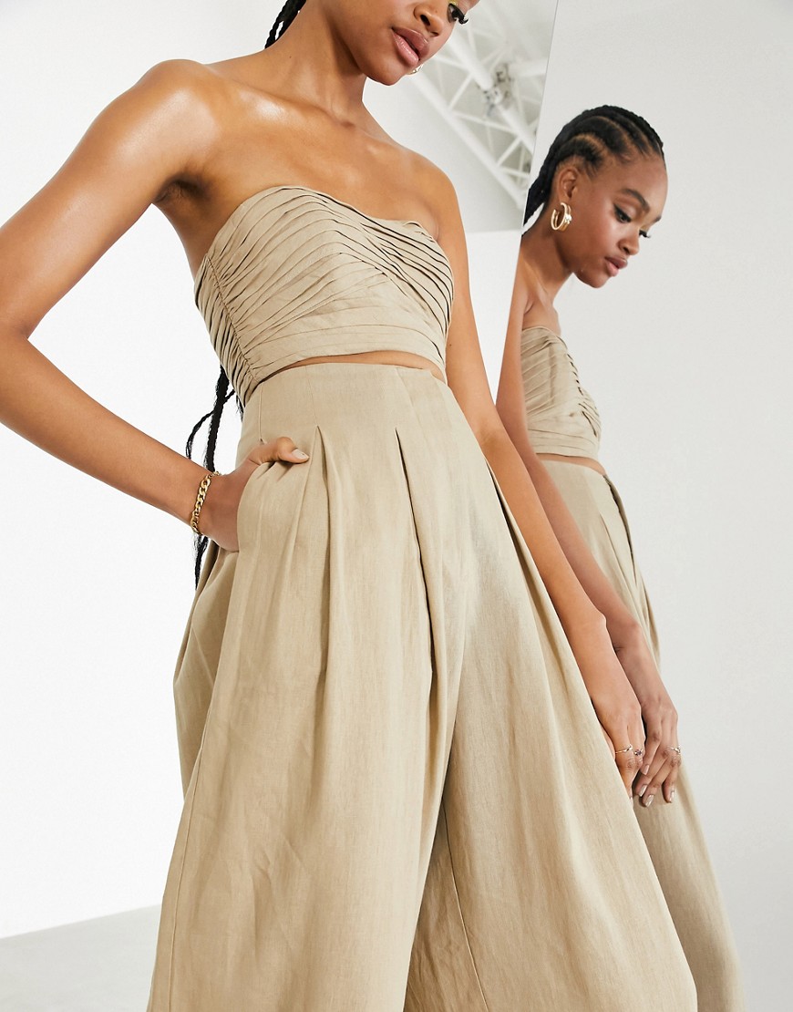 ASOS EDITION pleated off shoulder top in taupe-Neutral