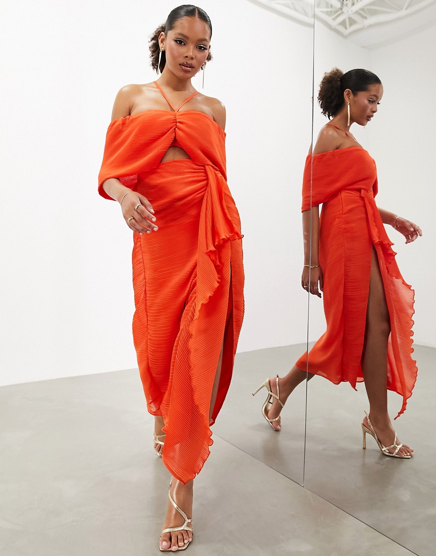 Asos Design Plisse Bardot Ruched Detail Maxi Dress In Orange