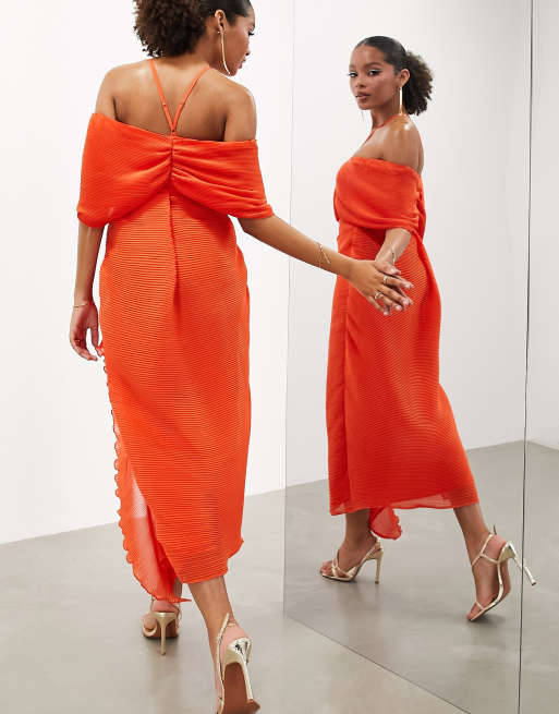 ASOS EDITION plisse bardot ruched detail maxi dress in orange