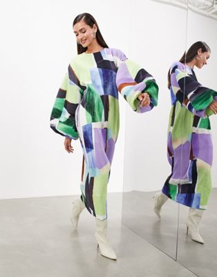 ASOS EDITION plisse blouson long sleeve maxi dress in bright abstract print