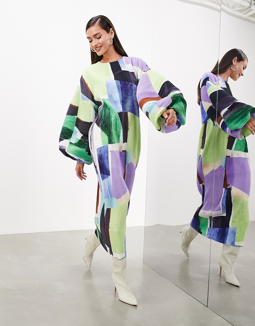 Asos Design Plisse Blouson Long Sleeve Maxi Dress In Bright Abstract Print-multi