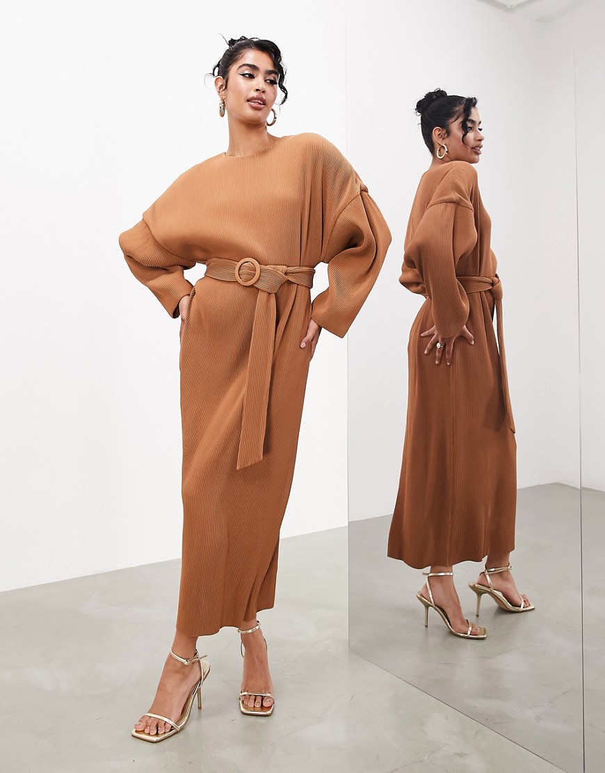 ASOS EDITION plisse long sleeve midi dress with belt in camel-Neutral