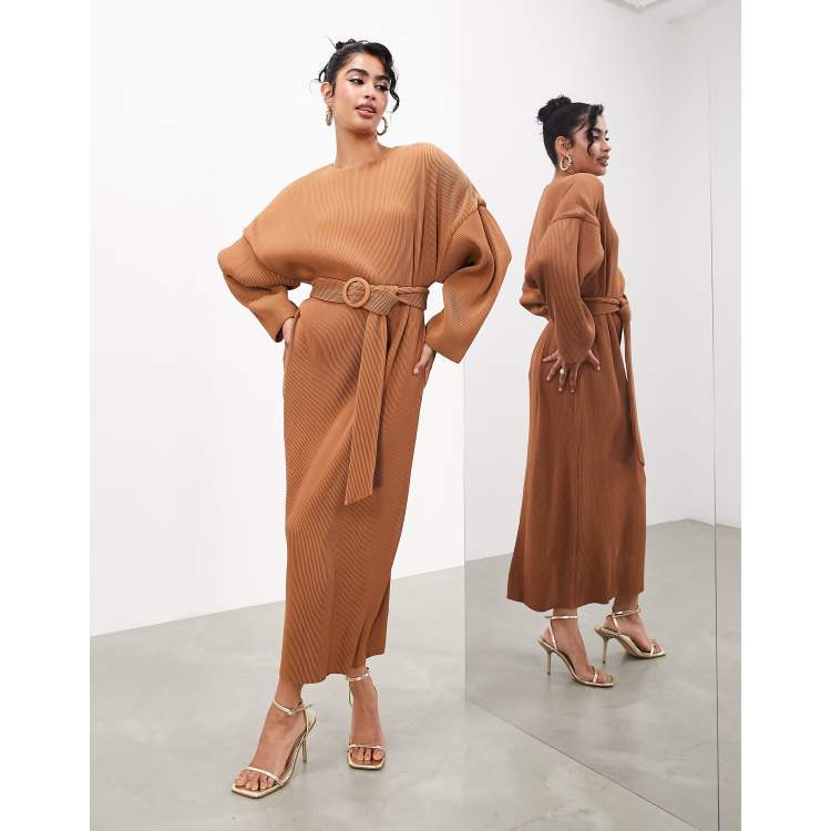 ASOS EDITION plisse long sleeve midi dress with belt in camel | ASOS