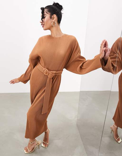 ASOS EDITION plisse long sleeve midi dress with belt in camel