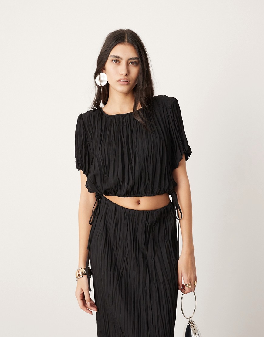 ASOS EDITION plisse shoulder pad t-shirt with tie detail co-ord in black