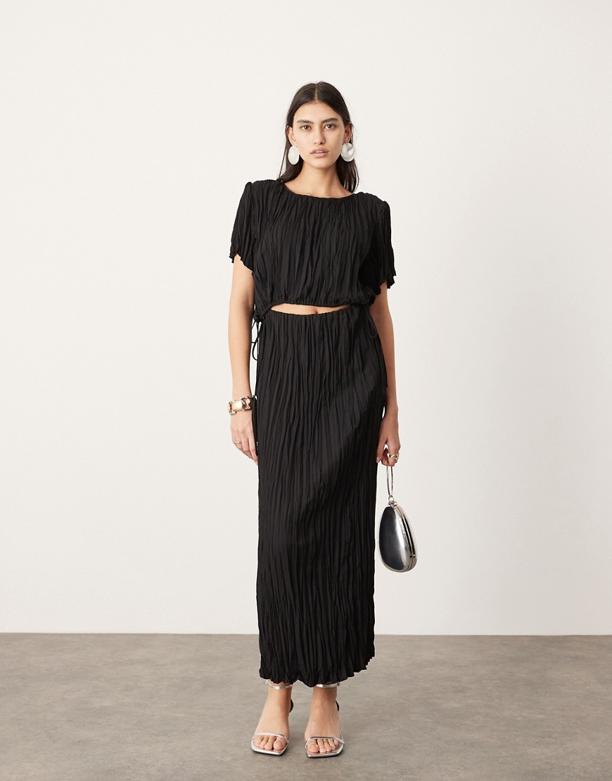 ASOS EDITION plisse textured midaxi skirt co-ord in black-Brown