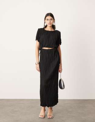 Asos Design Plisse Textured Midaxi Skirt In Black - Part Of A Set-brown