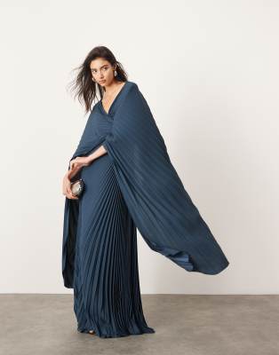 ASOS EDITION - Plissiertes Maxikleid in Petrol mit verdrehtem Design und ausgestellten Ärmeln-Blau