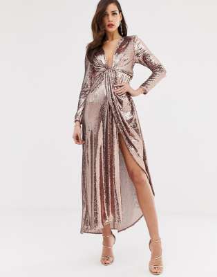 ASOS EDITION plunge asymmetric maxi dress in sequin-Gold