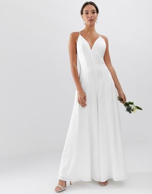 ASOS EDITION plunge cami wide leg wedding jumpsuit in satin-White