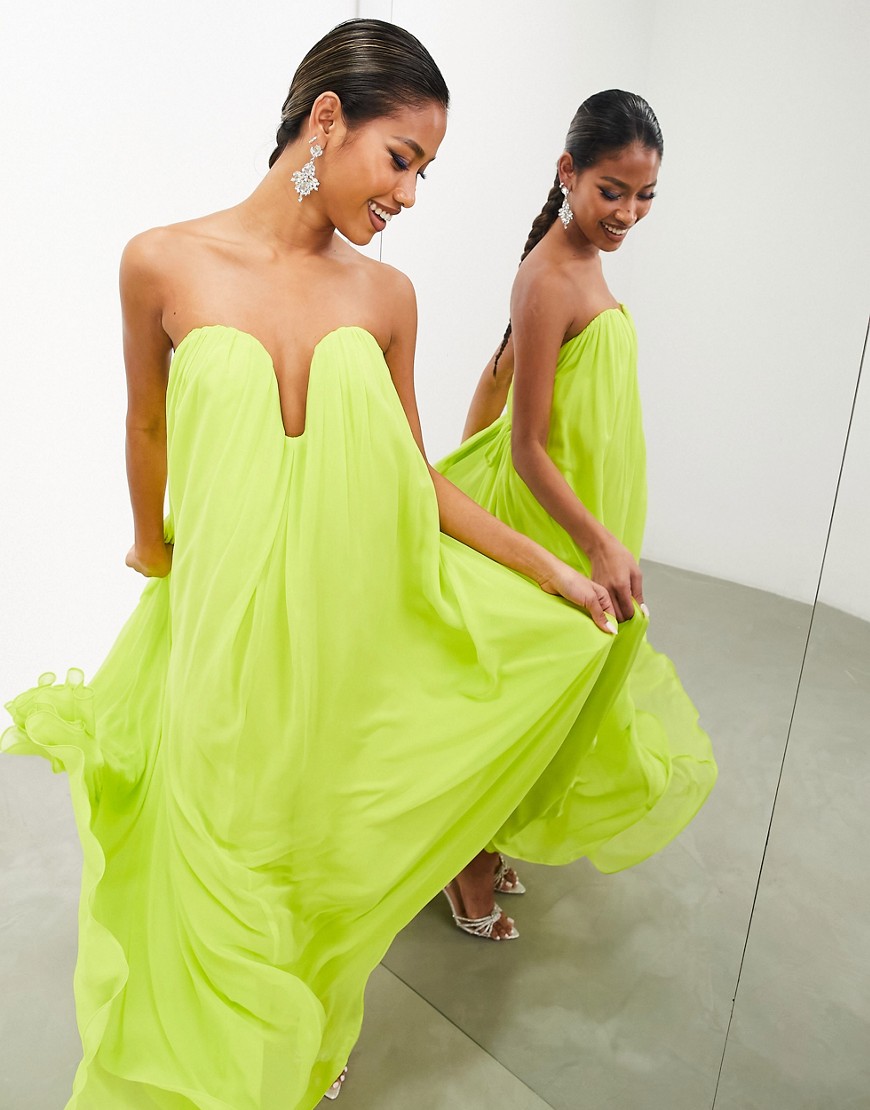 ASOS EDITION plunge front super full bandeau maxi dress in lime green