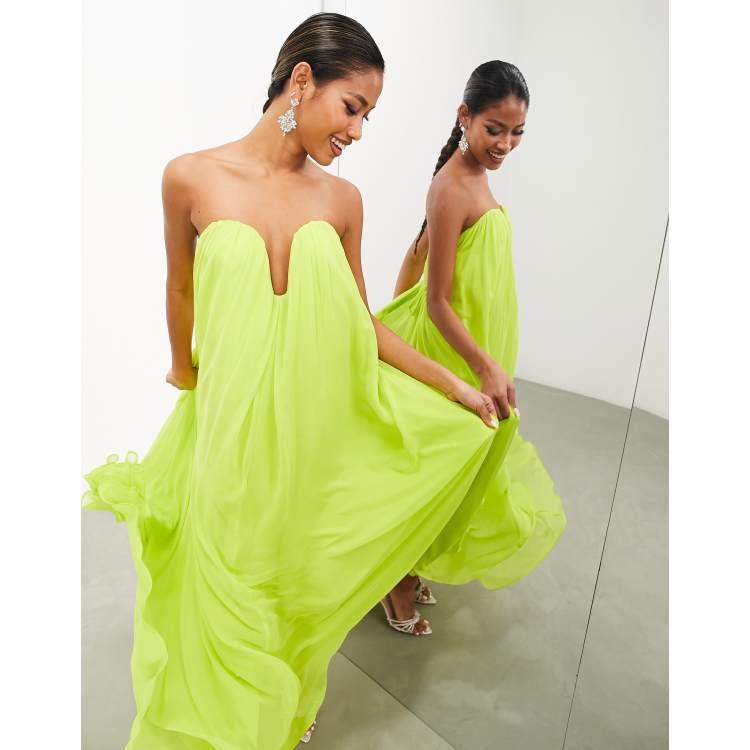 ASOS EDITION plunge front super full bandeau maxi dress in lime green