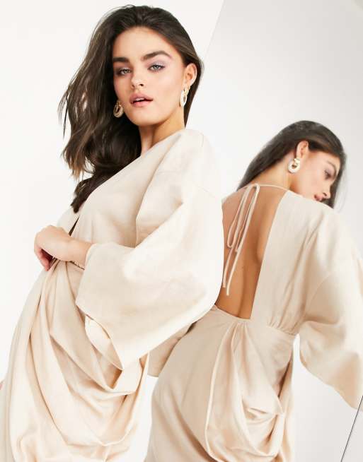 ASOS EDITION plunge linen maxi dress with wrap skirt in stone, 3 of 4