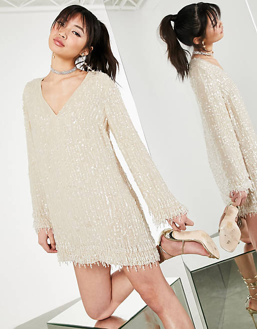 ASOS EDITION plunge shift mini dress with sequin and crystal fringe in cream