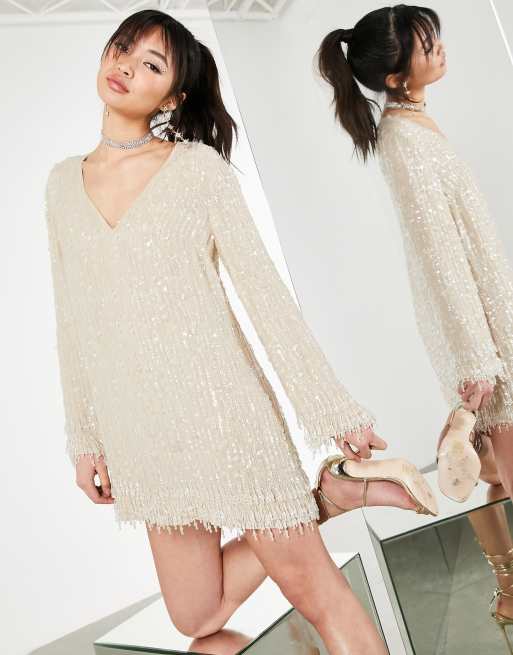 ASOS EDITION plunge shift mini dress with sequin and crystal fringe in  cream