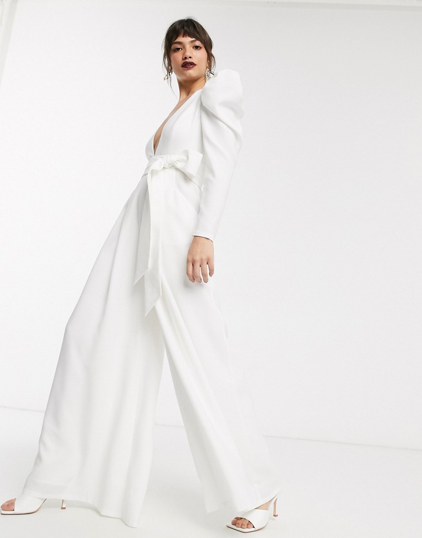 ASOS EDITION plunge wide leg jumpsuit with open back-White