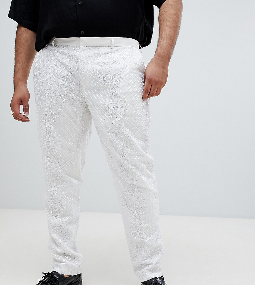 ASOS EDITION Plus - Pantaloni da abito skinny stile smoking in rasatello bianco decorato con pizzo e paillettes