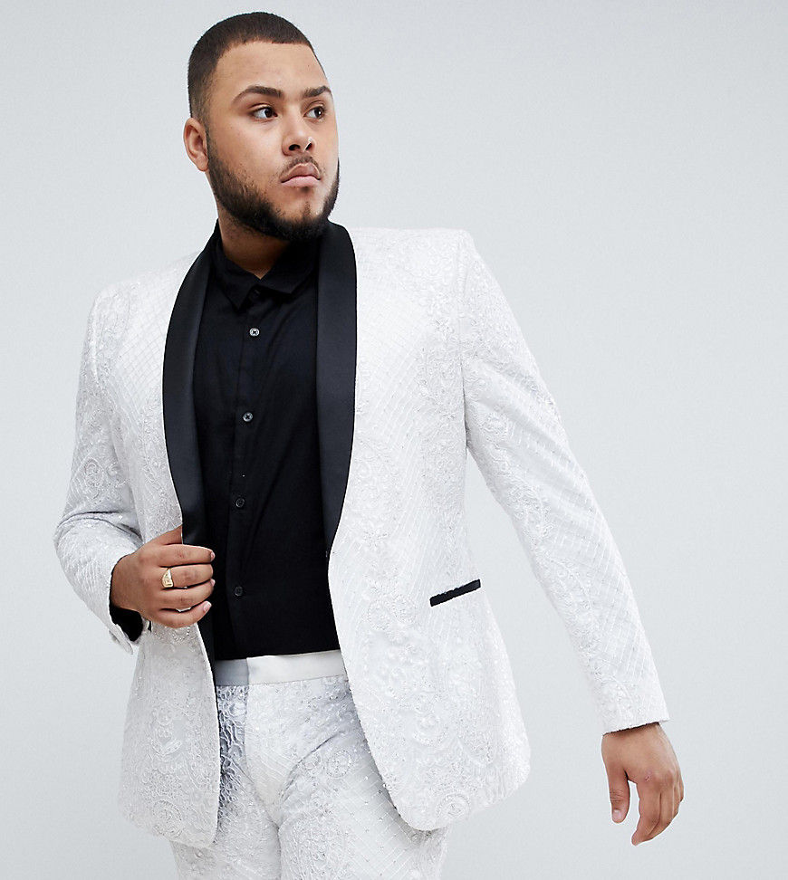 ASOS EDITION Plus skinny tuxedo suit jacket in sequin and lace embellished white sateen