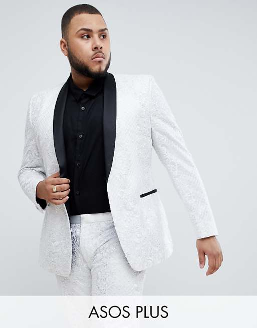 ASOS EDITION Plus skinny tuxedo suit jacket in sequin and lace embellished white sateen | ASOS