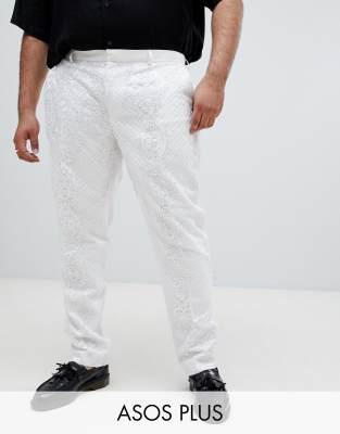 ASOS EDITION Plus skinny tuxedo suit trousers in sequin and lace embellished white sateen White