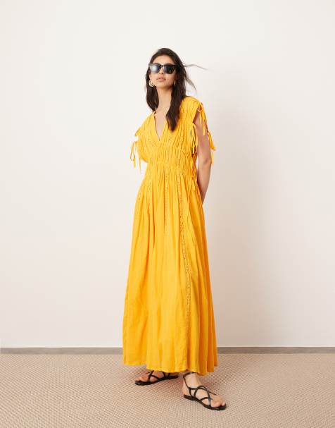ASOS Edition – Pomarańczowa ściągana na sznurek sukienka trapezowa maxi z szydełkowaną wstawką - view 1