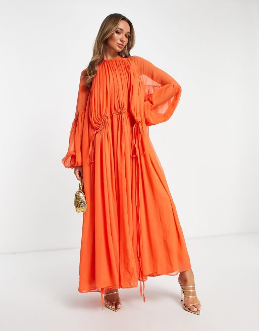 ASOS Edition – Pomarańczowa sukienka midi z marszczonym dekoltem, 4 z 4