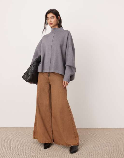 ASOS EDITION premium compact knit funnel neck seam detail jumper in grey marl, 2 of 4