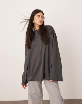 Asos Design Premium Cotton Oversized Long Sleeve T-shirt In Gray