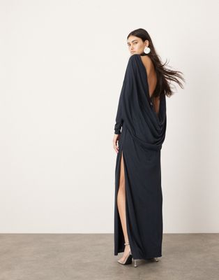 Asos Design Premium Cowl Back High Neck Maxi Dress In Dark Blue-gray