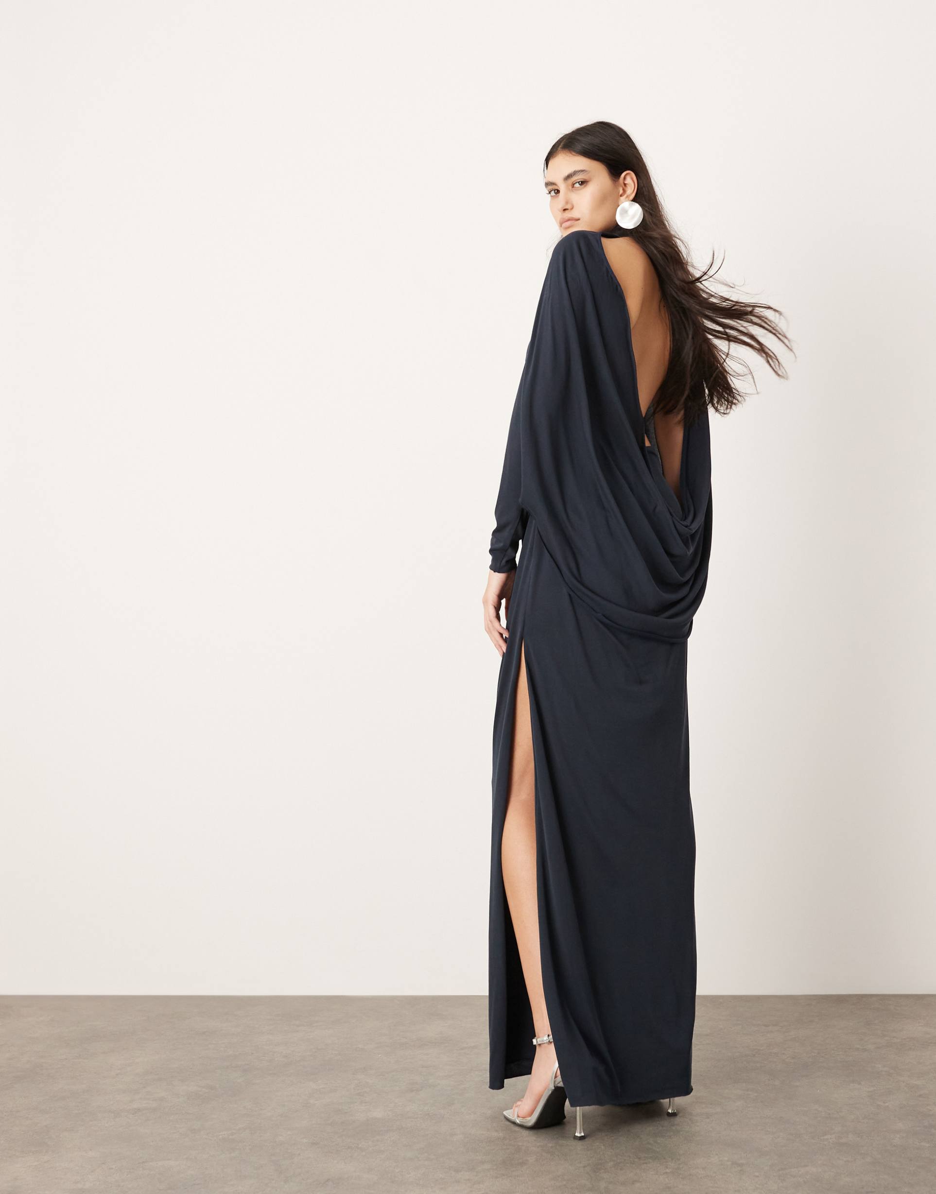 asos edition premium cowl back high neck maxi dress in dark blue