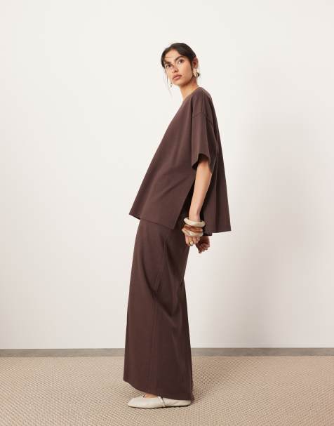 ASOS EDITION premium heavy weight textured jersey column maxi skirt co-ord in chocolate