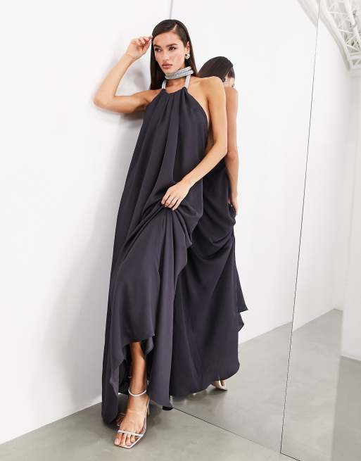 ASOS Edition Premium – Grafitowa satynowa sukienka maxi z dekoltem halter i z ozdobną wstawką w stylu sznurka zdobioną strasami