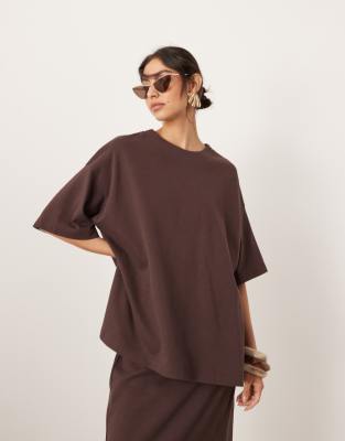 premium heavy weight textured jersey oversized T-shirt in chocolate - part of a set-Brown