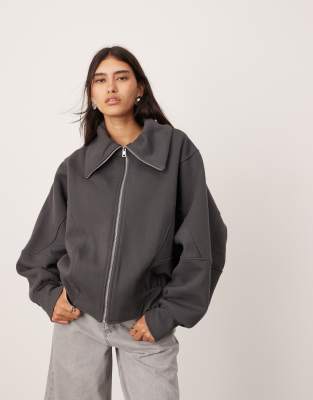 premium heavy weight zip through extreme collar sweatshirt in charcoal-Gray