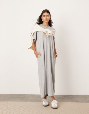 Asos Design Premium Heavyweight T-shirt Maxi Dress With Pockets In Gray