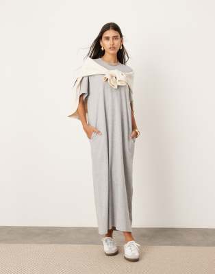 Asos Design Premium Heavyweight T-shirt Maxi Dress With Pockets In Gray