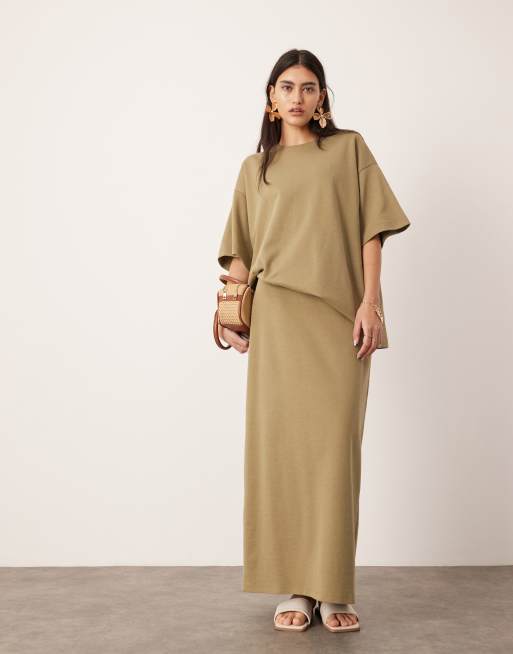 ASOS EDITION premium heavyweight textured jersey column maxi skirt in khaki (part of a set)