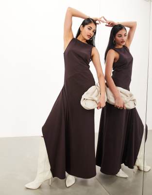 premium jersey asymmetric hem maxi dress in brown