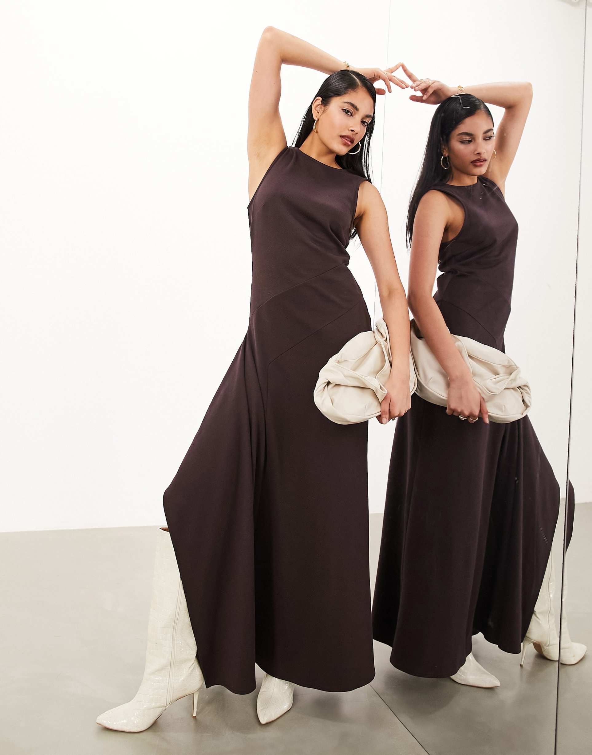 asos edition premium jersey asymmetric hem maxi dress in brown