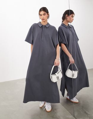 Asos Design Premium Jersey Polo Maxi Dress In Charcoal-gray