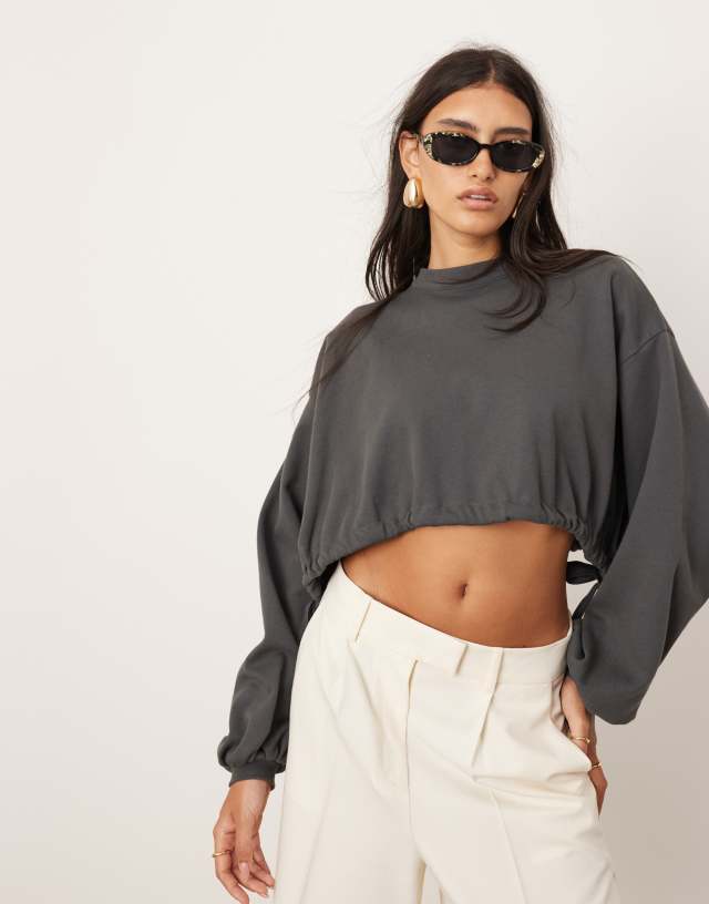 ASOS EDITION - premium jersey ruched detail long sleeve top in charcoal grey